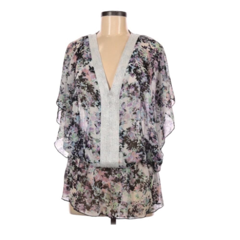 Badgley Mischka Floral Blouse Womens M Black Pink Ruffle‎ V-Neck Boho Top